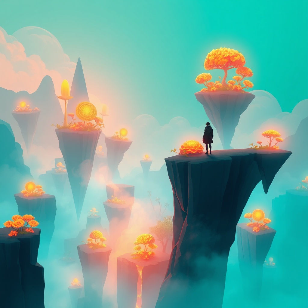 critically - A digital illustration of an abstract, ethereal game world with floating islands, glowing flora, and a mysteriou