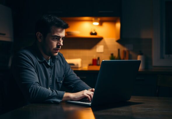 A pensive man sitting at a dark wooden kitchen table late at night, a laptop screen glowing with bank statements, dim warm lighting, shadow-filled room, atmosphere of shock and confusion, realistic photography style, high resolution.