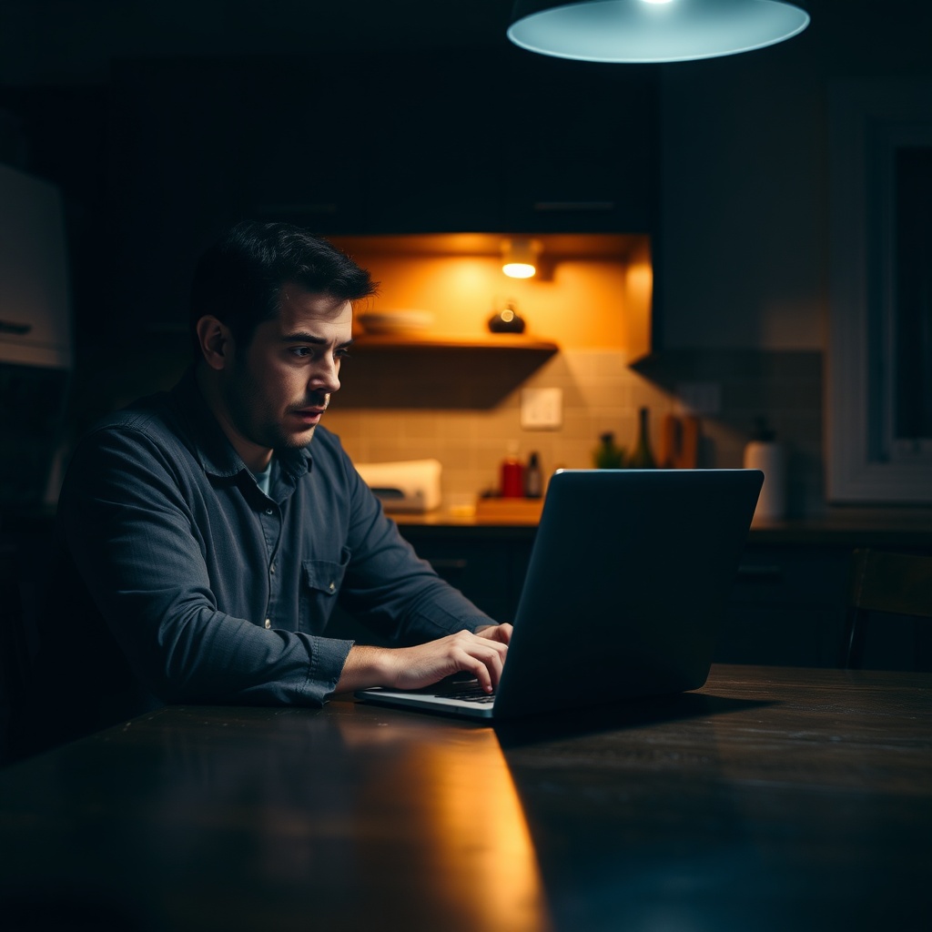 A pensive man sitting at a dark wooden kitchen table late at night, a laptop screen glowing with bank statements, dim warm lighting, shadow-filled room, atmosphere of shock and confusion, realistic photography style, high resolution.