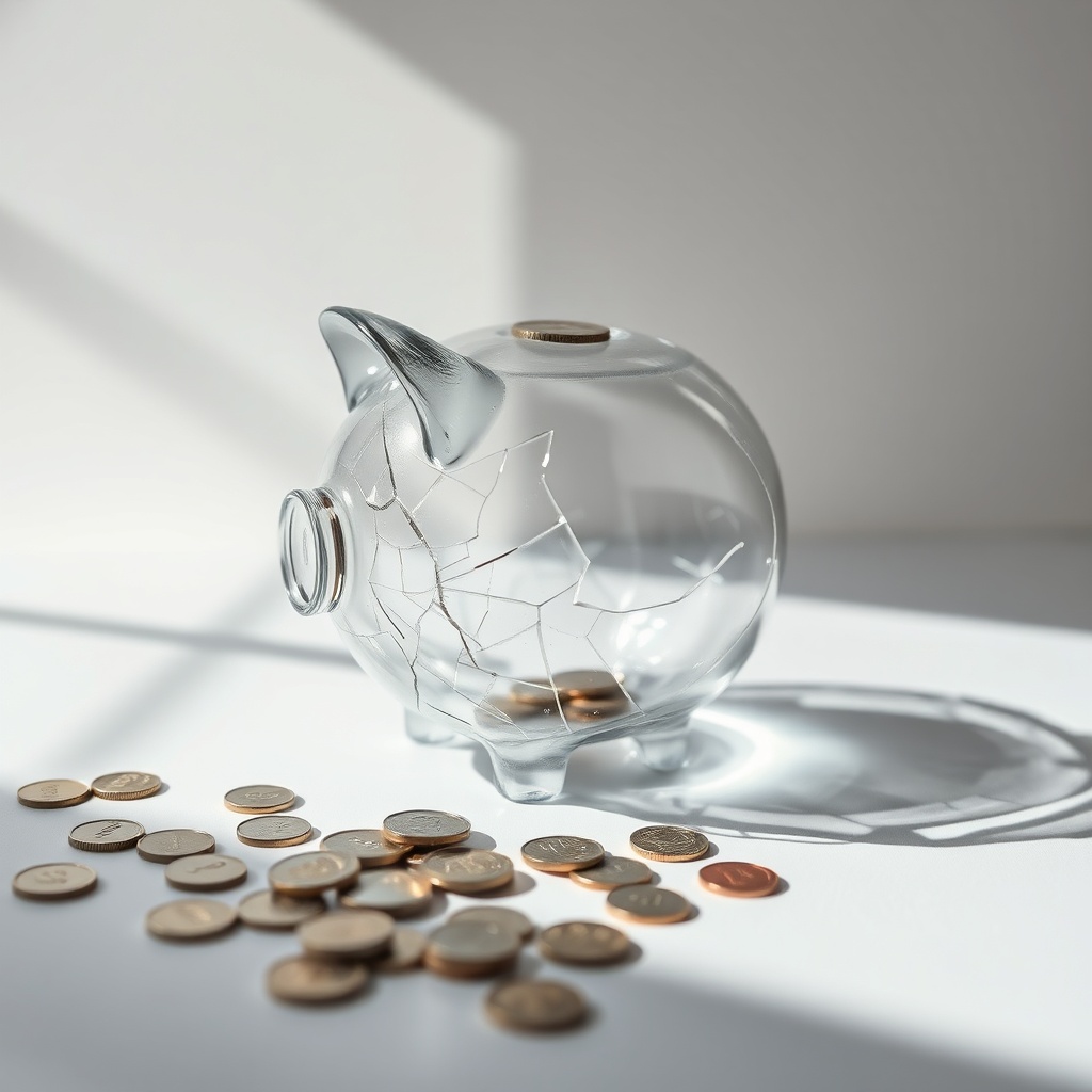 found - A conceptual image of a cracked glass piggy bank on a clean white surface, scattered coins, soft natural light, minim
