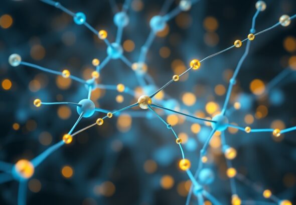 A futuristic abstract digital representation of a neural network with glowing blue and gold data nodes, sleek minimalist aesthetic, high resolution, cinematic lighting, conceptual technology background.