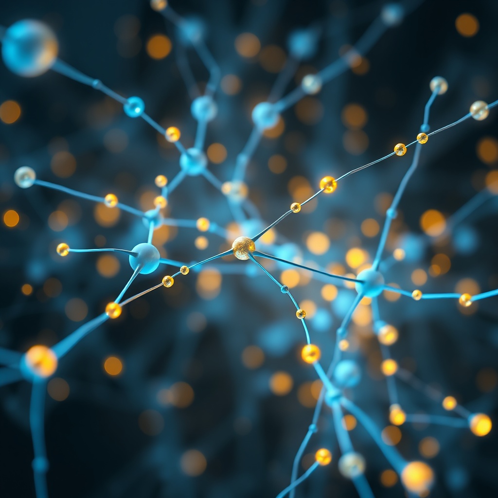 A futuristic abstract digital representation of a neural network with glowing blue and gold data nodes, sleek minimalist aesthetic, high resolution, cinematic lighting, conceptual technology background.