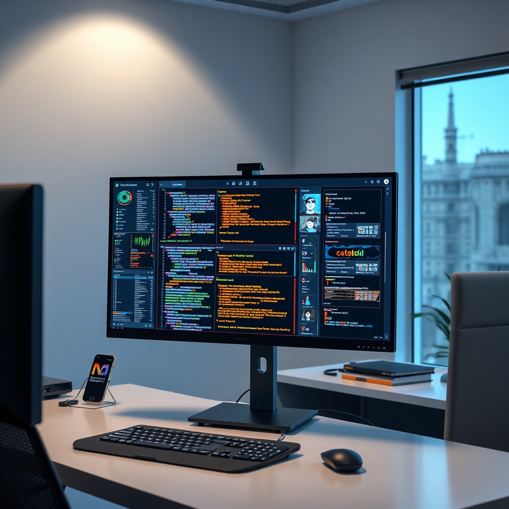 GPT-5: Expected Features and Performance Benchmarks for 2026 7 gpt5 - A clean, modern workspace featuring a high-end computer monitor displaying complex data visualizations and code struct