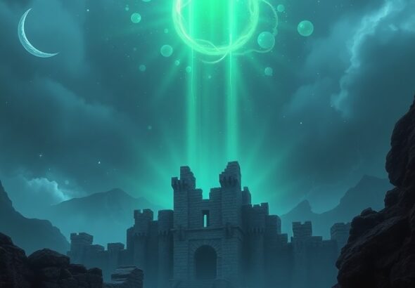 a cinematic fantasy landscape featuring a glowing green rift in the sky above a crumbling stone fortress, vibrant magical particles, dark fantasy aesthetic, high-resolution digital art style, epic scale, moody lighting, deep blues and purples, 8k quality