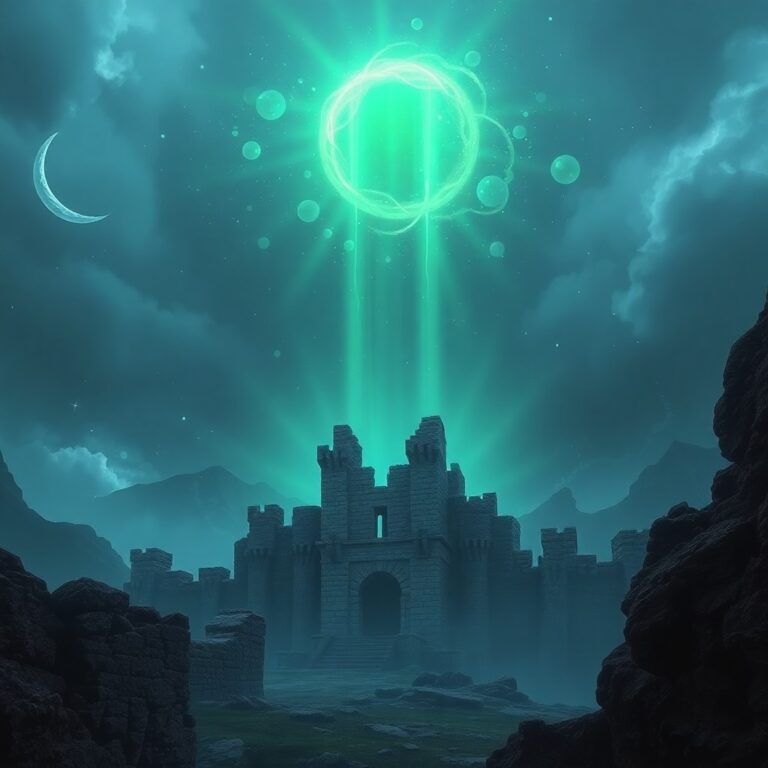 a cinematic fantasy landscape featuring a glowing green rift in the sky above a crumbling stone fortress, vibrant magical particles, dark fantasy aesthetic, high-resolution digital art style, epic scale, moody lighting, deep blues and purples, 8k quality