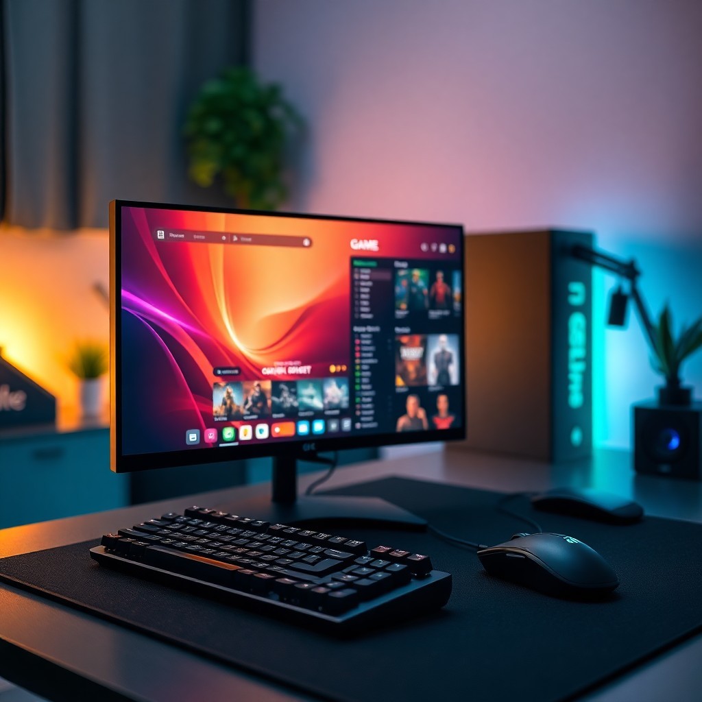 Get Your Free Copy Dragon Age: Inquisition and Steam Deals 7 your - a clean modern desktop setup with a high-end monitor displaying a digital game library interface, soft ambient RGB lig