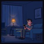 A dimly lit living room at night with a single lamp casting long shadows, a man sitting on a sofa looking distressed and holding a smartphone, moody atmosphere, cinematic lighting, realistic style, high resolution.