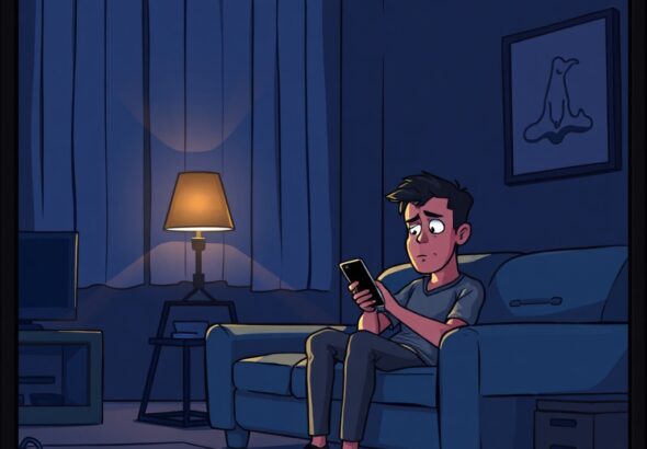 A dimly lit living room at night with a single lamp casting long shadows, a man sitting on a sofa looking distressed and holding a smartphone, moody atmosphere, cinematic lighting, realistic style, high resolution.
