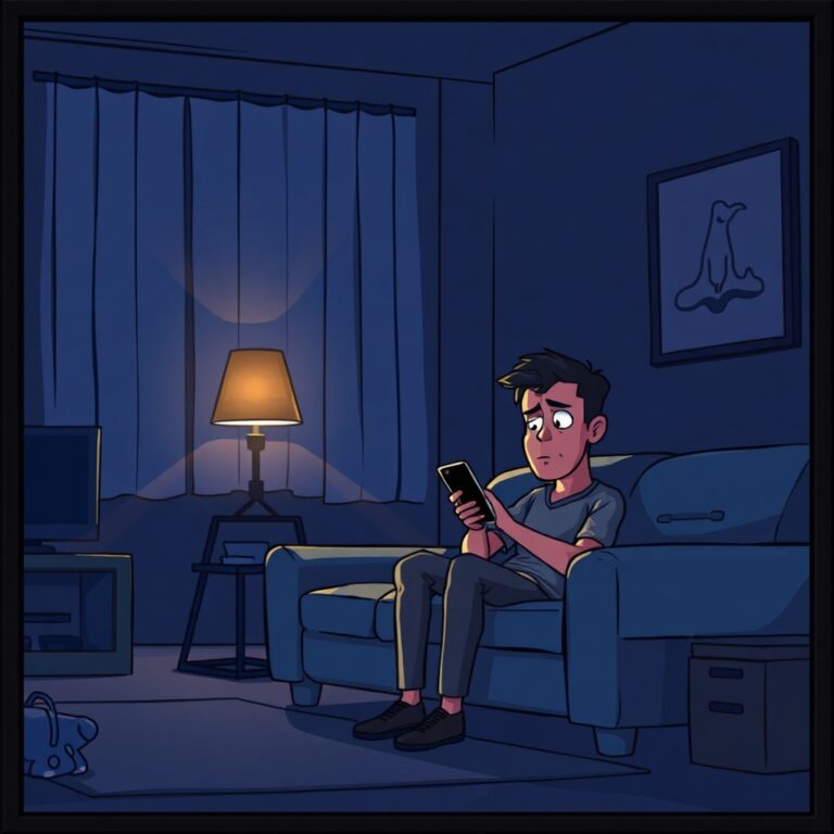 A dimly lit living room at night with a single lamp casting long shadows, a man sitting on a sofa looking distressed and holding a smartphone, moody atmosphere, cinematic lighting, realistic style, high resolution.