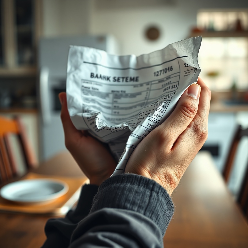 I Found Out My Wife Is Paying Her Ex's Rent 5 found - A close-up of a person's hands holding a crumpled bank statement, blurred background of a kitchen table, soft morning