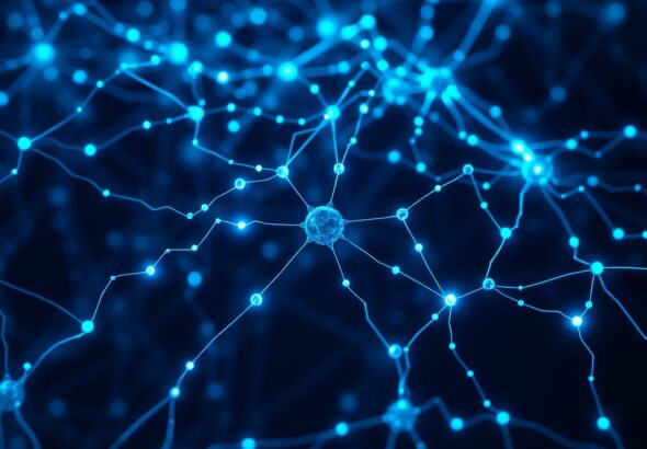 A sleek, futuristic digital representation of a neural network with glowing nodes and interconnected data lines in shades of deep blue and vibrant cyan, professional tech aesthetic, 8k resolution, cinematic lighting.