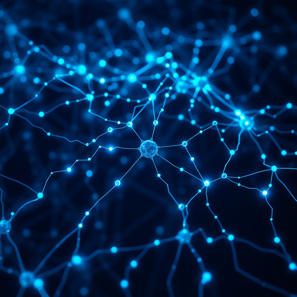 A sleek, futuristic digital representation of a neural network with glowing nodes and interconnected data lines in shades of deep blue and vibrant cyan, professional tech aesthetic, 8k resolution, cinematic lighting.