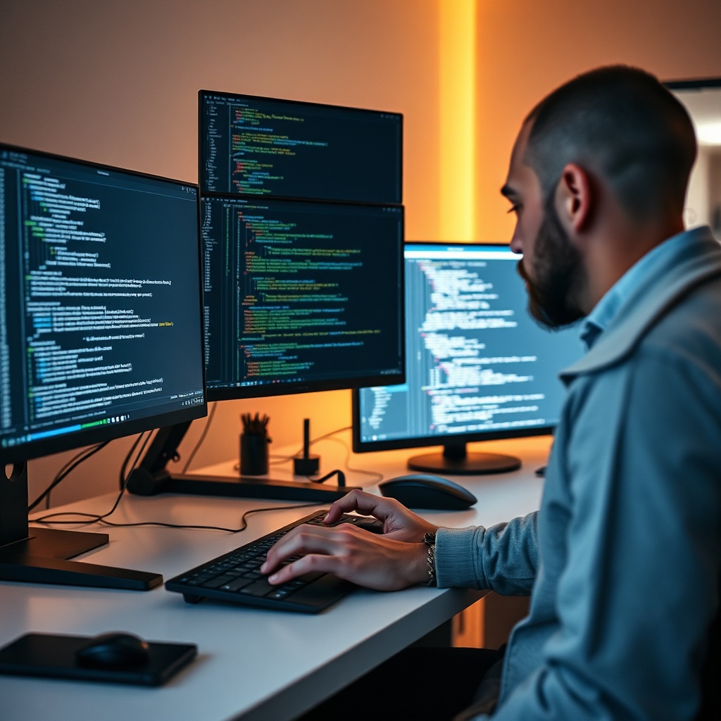 OpenAI's GPT-6 Release: Key Benchmarks and API Features 8 openais - A close-up of a developer working at a clean, modern desk with a multi-monitor setup displaying complex code syntax