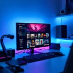 a clean, high-tech gaming setup with a glowing monitor displaying a digital game library storefront, soft blue and purple ambient lighting, modern keyboard and mouse, ultra-realistic, 8k resolution, cinematic lighting, professional gaming aesthetic