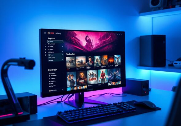 a clean, high-tech gaming setup with a glowing monitor displaying a digital game library storefront, soft blue and purple ambient lighting, modern keyboard and mouse, ultra-realistic, 8k resolution, cinematic lighting, professional gaming aesthetic