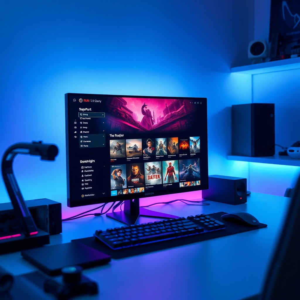 a clean, high-tech gaming setup with a glowing monitor displaying a digital game library storefront, soft blue and purple ambient lighting, modern keyboard and mouse, ultra-realistic, 8k resolution, cinematic lighting, professional gaming aesthetic