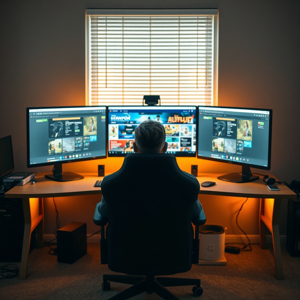 How to Get Free Steam Games This Week 6 free - a person sitting in a comfortable gaming chair in front of three monitors displaying a digital storefront interface, o