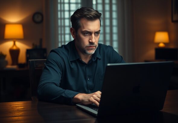 A pensive man sitting at a dark wooden dining table in a quiet, dimly lit home office, looking at a laptop screen with a serious expression, warm ambient lighting, cinematic photography, high detail, emotional atmosphere.