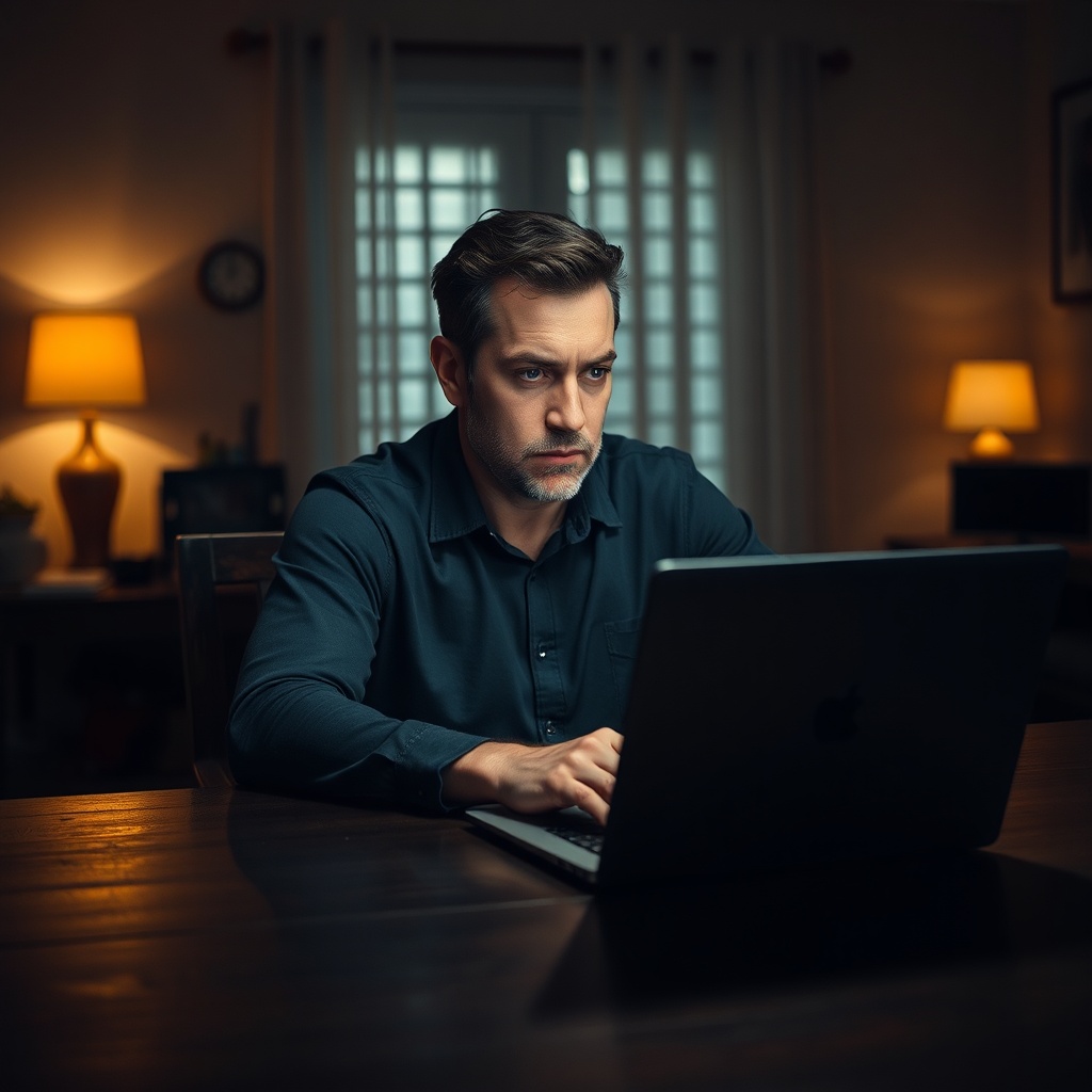 A pensive man sitting at a dark wooden dining table in a quiet, dimly lit home office, looking at a laptop screen with a serious expression, warm ambient lighting, cinematic photography, high detail, emotional atmosphere.