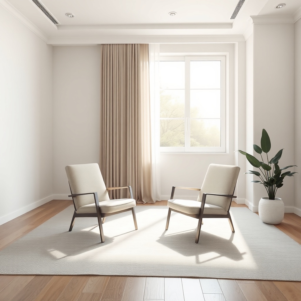 I Found Out My Wife Is Paying Her Ex's Rent: How to Talk 5 found - Two empty chairs facing each other in a clean, modern, minimalist living room with soft natural sunlight streaming th